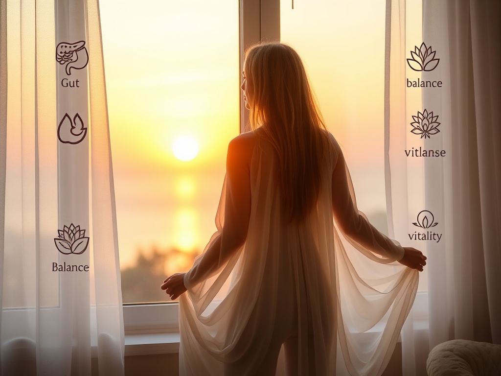 A calm, holistic scene with a woman in soft flowing clothing at a sunrise window, surrounded by gentle icons of gut, balance, and vitality.