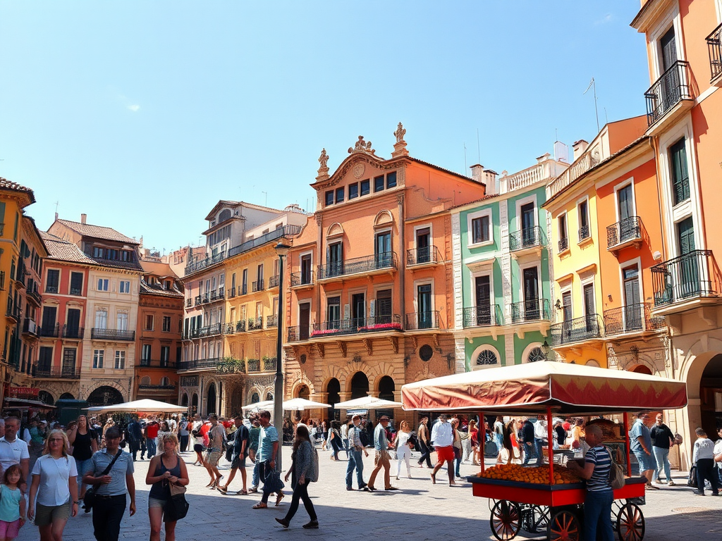 Een levendig plein in Spanje met kleurrijke gebouwen en drukte.