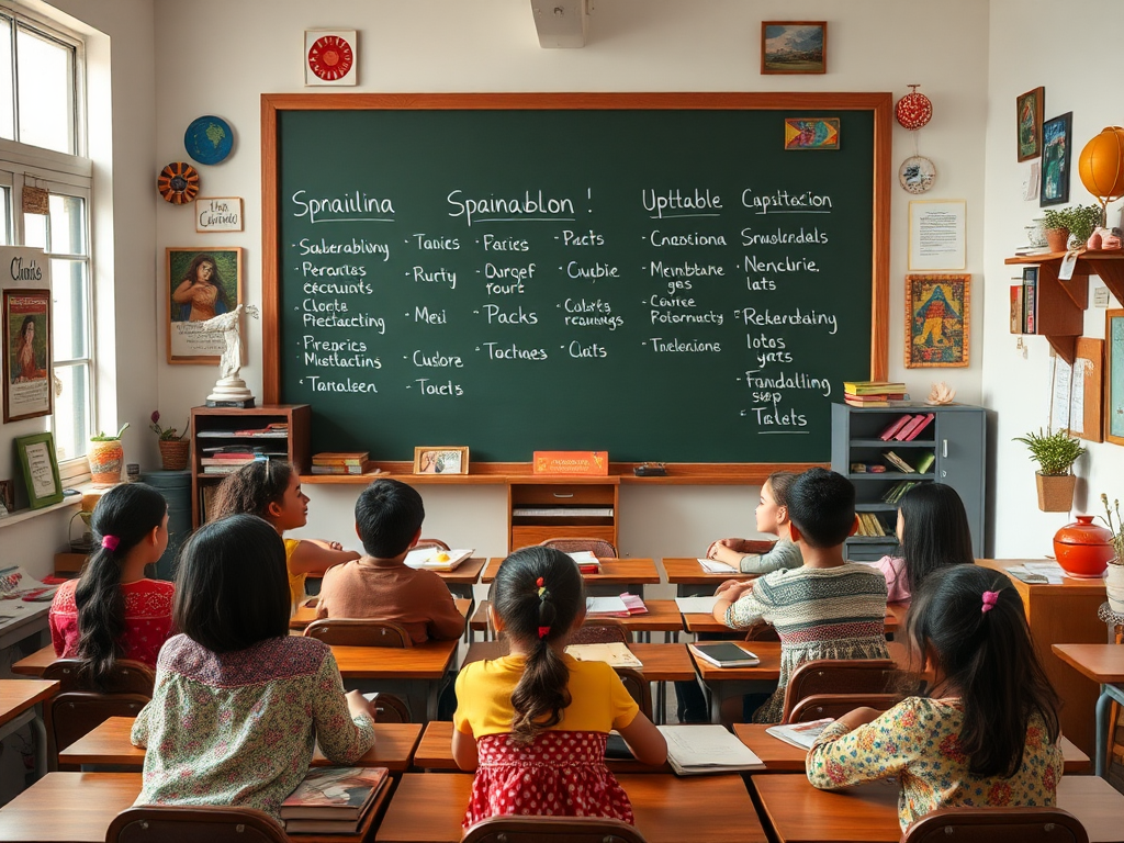 Een levendige klas met diverse studenten die Spaans leren.