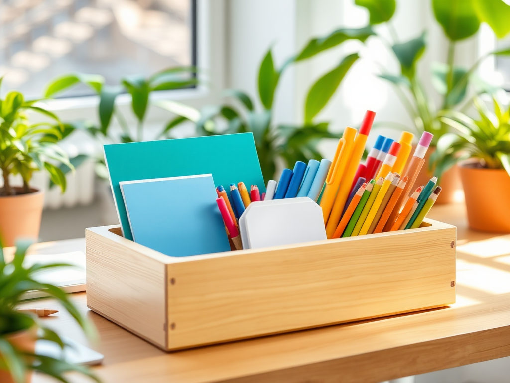 Een houten organizer met kleurrijke kantoorbenodigdheden op een bureau.