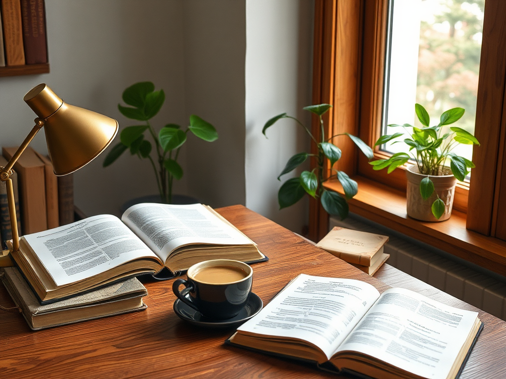 Gezellige studeerkamer met boeken, koffie en planten.