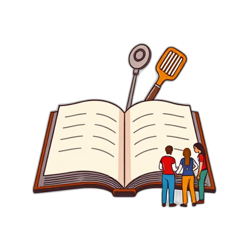 Open boek met kookgerei en drie mensen.