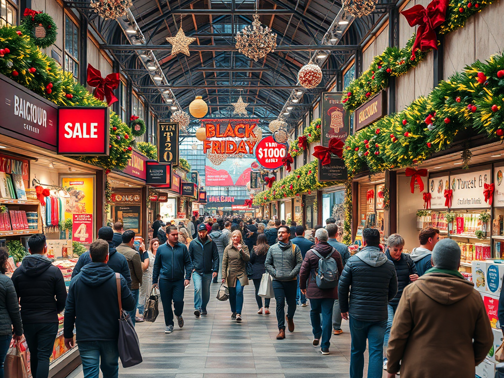 Drukke markt op Black Friday met feestelijke decoraties.