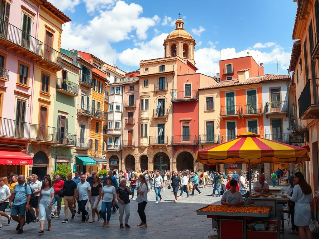 Een levendig plein in Spanje met kleurrijke gebouwen en mensen.