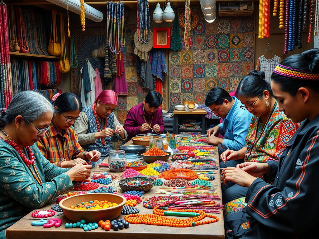 Een kleurrijke workshop met mensen die sieraden maken.
