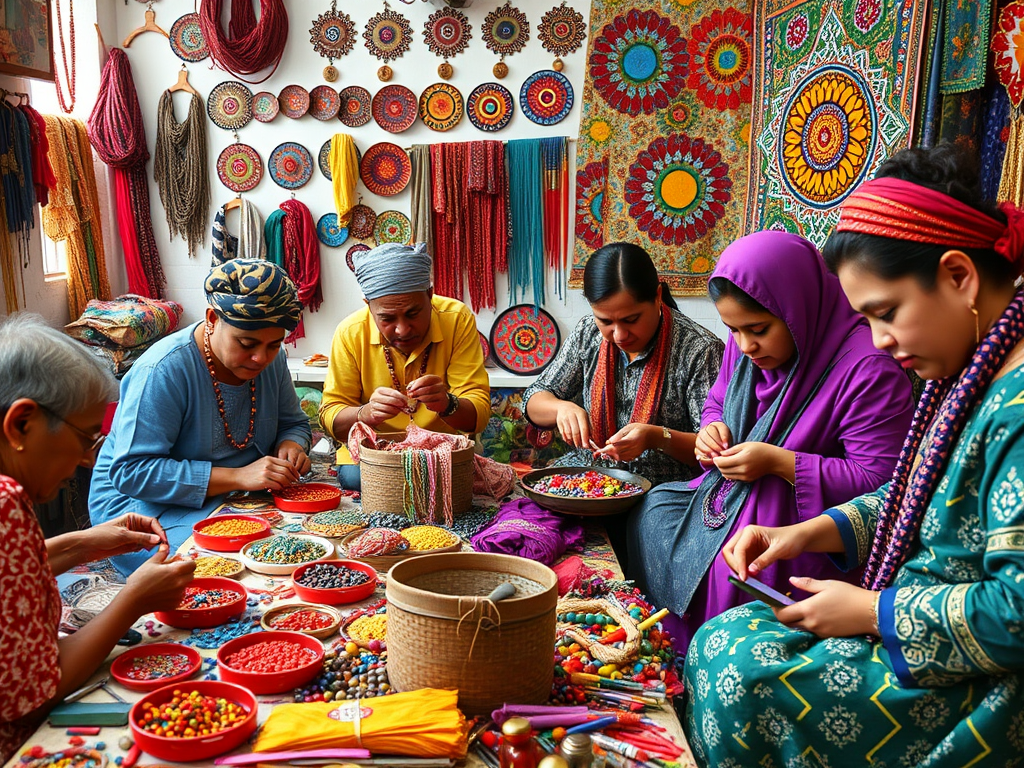 Een kleurrijke workshop met mensen die sieraden maken.