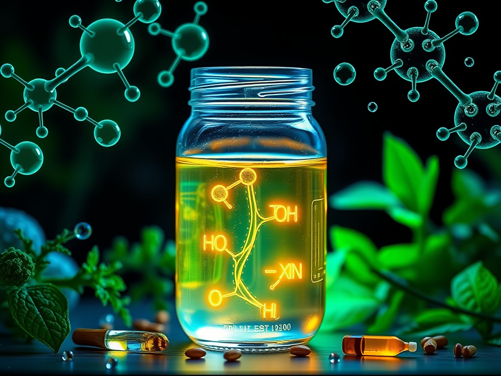 "a clear glass jar filled with glowing urine sample" "chemical molecular structures floating around" "green plants and water droplets in the background" "a human silhouette showing toxin pathways" "natural detox elements like herbs and supplements surroun