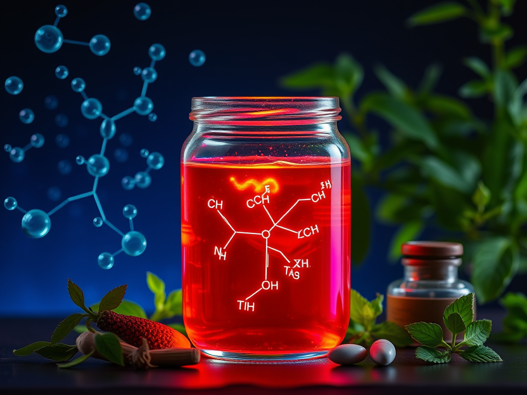 "a clear glass jar filled with glowing urine sample" "chemical molecular structures floating around" "green plants and water droplets in the background" "a human silhouette showing toxin pathways" "natural detox elements like herbs and supplements surroun
