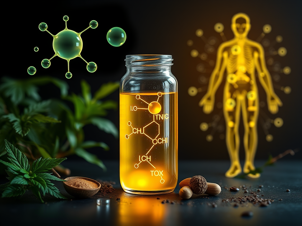 "a clear glass jar filled with glowing urine sample" "chemical molecular structures floating around" "green plants and water droplets in the background" "a human silhouette showing toxin pathways" "natural detox elements like herbs and supplements surroun