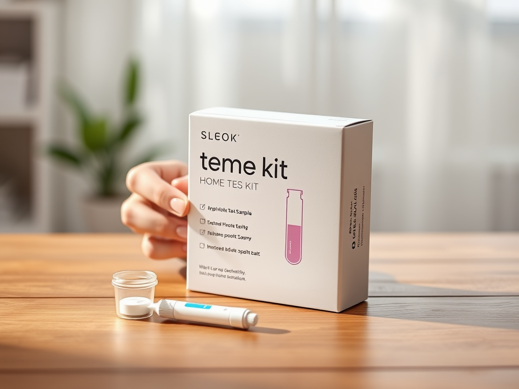 A sleek home test kit box on a wooden table, "a small urine sample container next to it," "soft natural lighting," "friendly hands holding the kit," "subtle medical and health icons in the background."