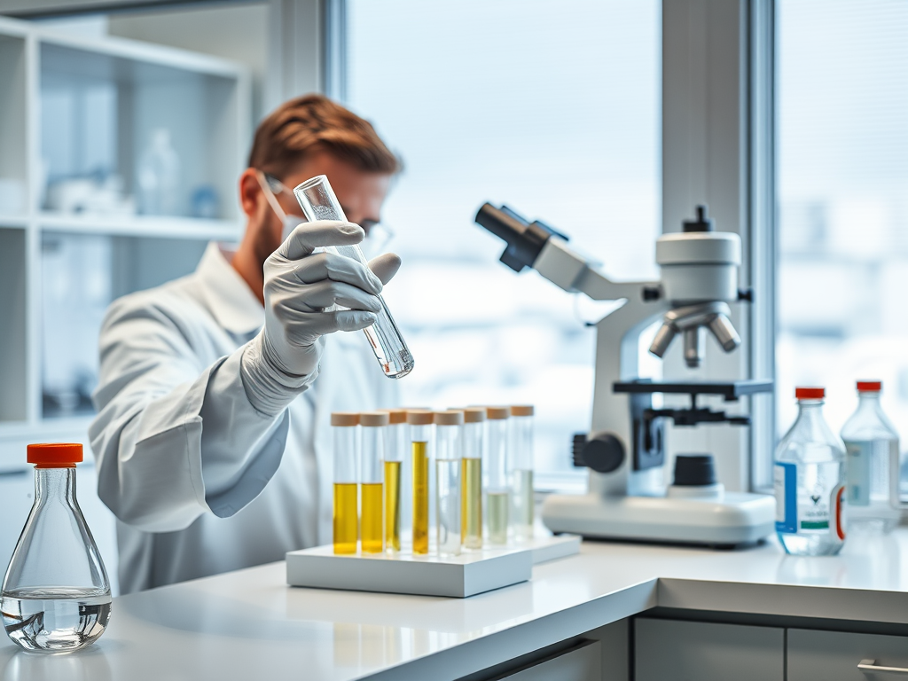 A clean modern laboratory setting with "scientist wearing gloves" holding a "test tube" next to a "microscope," surrounded by "chemical formulas" and "water samples" on a white counter.