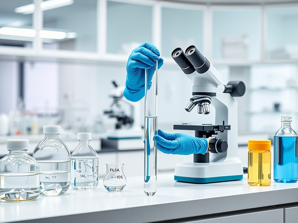 A clean modern laboratory setting with "scientist wearing gloves" holding a "test tube" next to a "microscope," surrounded by "chemical formulas" and "water samples" on a white counter.