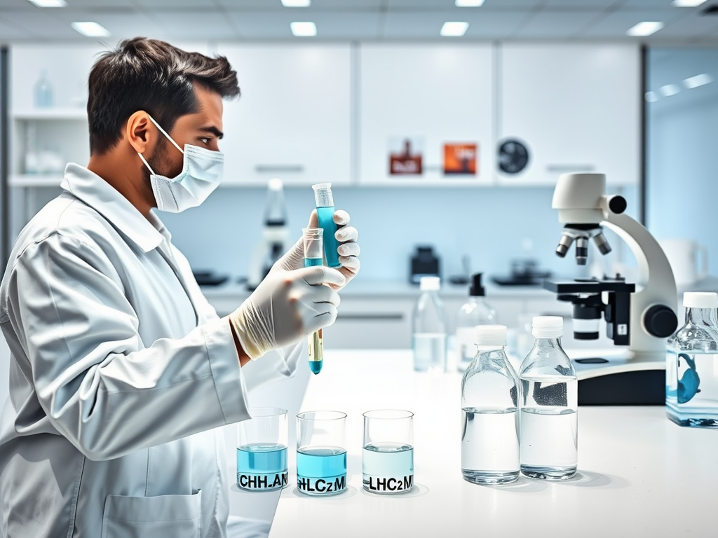 A clean modern laboratory setting with "scientist wearing gloves" holding a "test tube" next to a "microscope," surrounded by "chemical formulas" and "water samples" on a white counter.