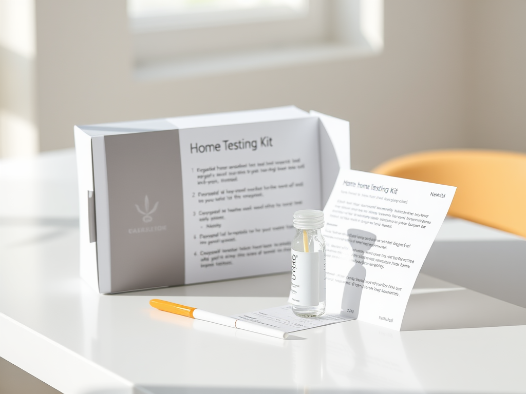 A modern, clean "home testing kit" setup on a white table, with a small vial, swab, and instruction sheet, soft natural lighting, minimalistic background.
