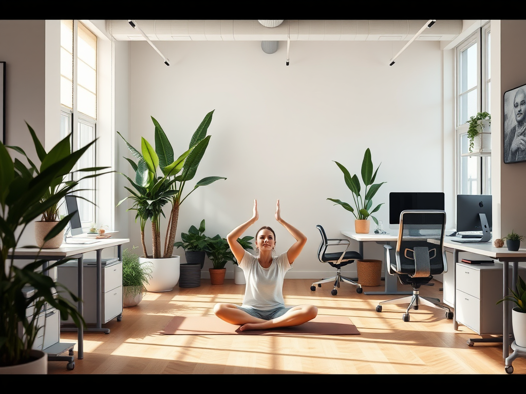 Een rustige kantoorruimte met een persoon op een yogamat.