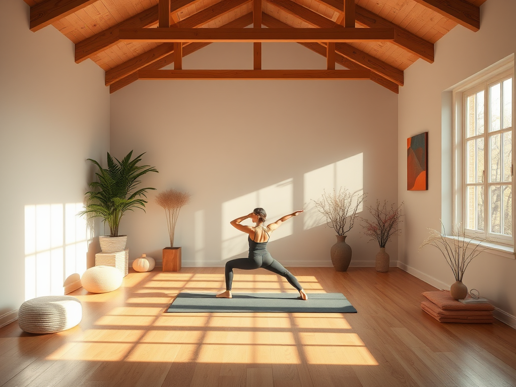 Een persoon die yoga beoefent in een serene ruimte.