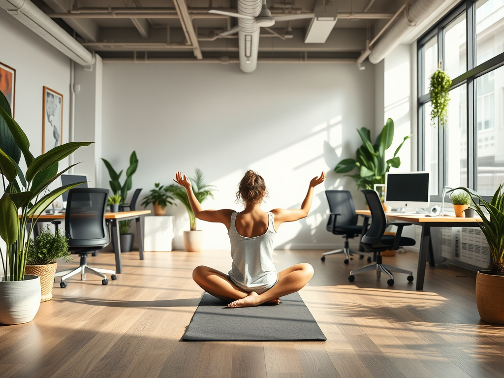 Een rustige kantoorruimte met een persoon op een yogamat.