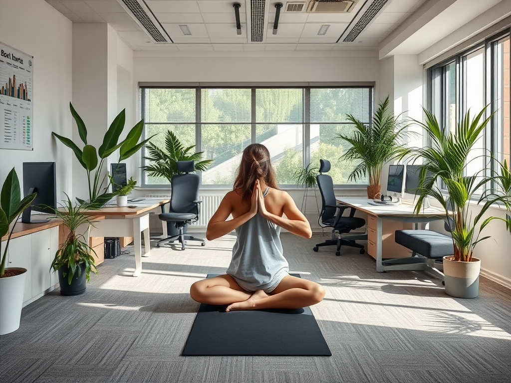 Een rustige kantoorruimte met iemand die mindfulness praktiseert.