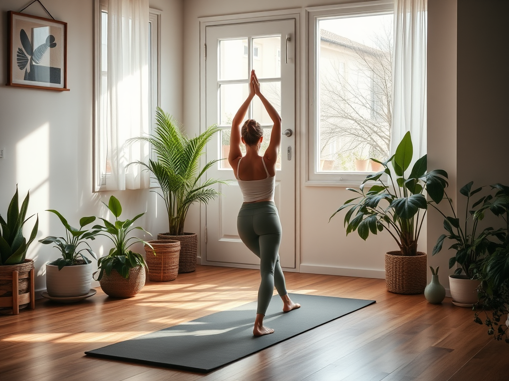 Een persoon doet yoga in een lichte, groene ruimte.