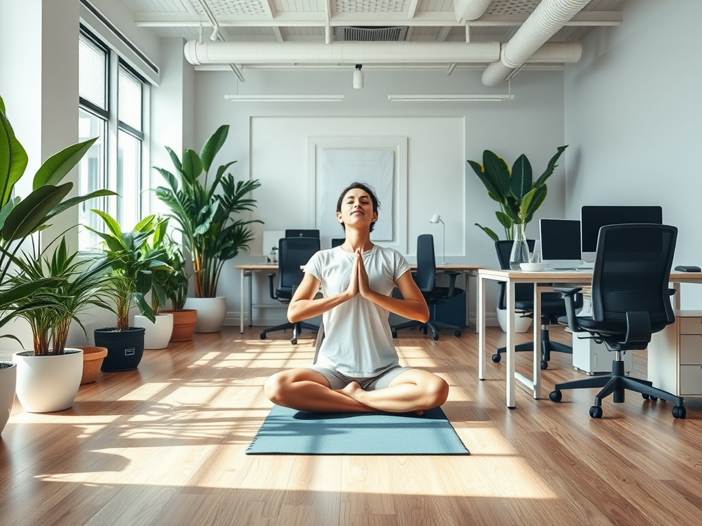 Een rustige kantoorruimte met een persoon die mindfulness beoefent.