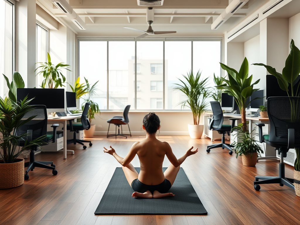 Een rustige kantoorruimte met een persoon op een yogamat.