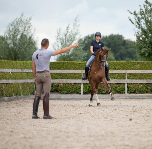 Praktijkles dressuur bij De Recht Dressage Center: een instructeur begeleidt een ruiter te paard