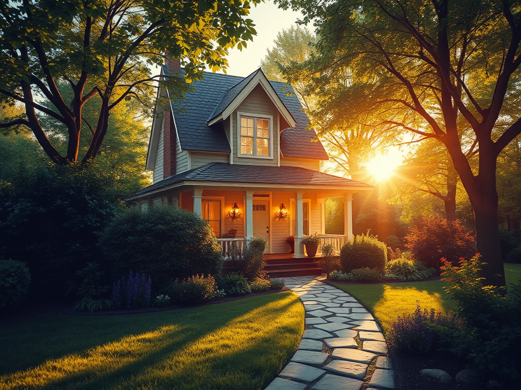 A charming "house" with distinct "rooms" symbolizing life areas, surrounded by a lush "garden" representing future goals, warm sunlight illuminating a path.