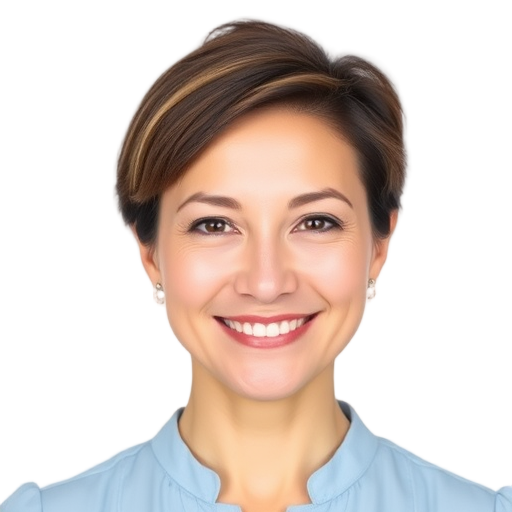 A person smiling to the camera with a white background looking like