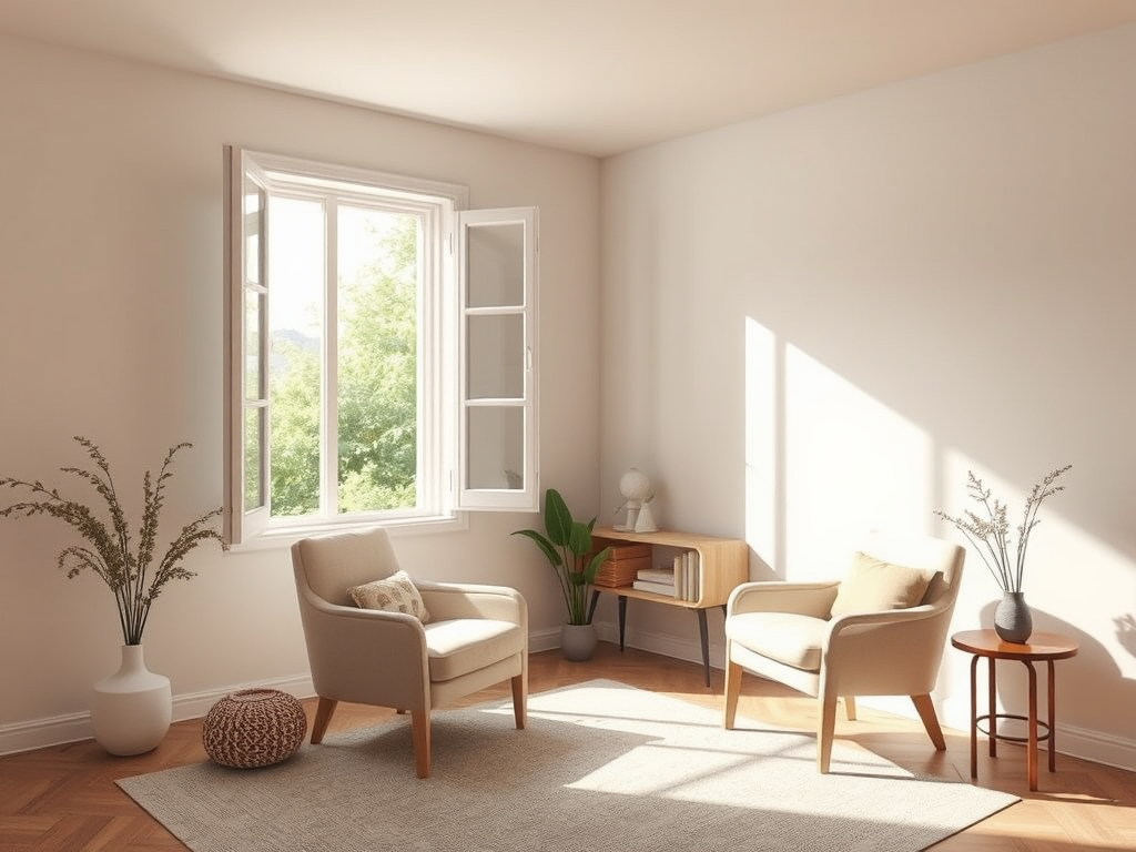 "a serene therapy room" with "soft natural light," "a cozy armchair," "an open window showing a garden," and "calm, inviting colors" evoking trust and growth.