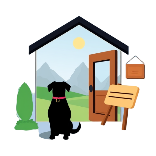 "dog silhouette" "visitor icon" "house entrance" "speech bubble" "calm scenery" "training area" "wooden sign"