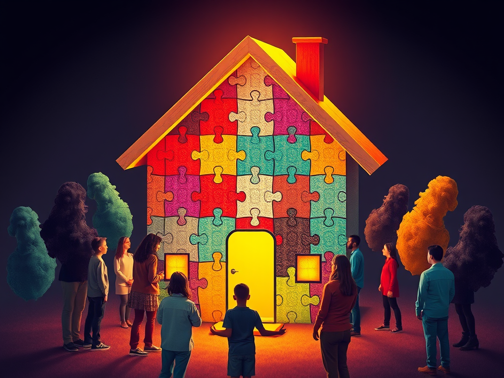 A warm, inviting "house" made of glowing puzzle pieces, surrounded by diverse people collaborating, vibrant colors symbolizing growth, insight, and connection.