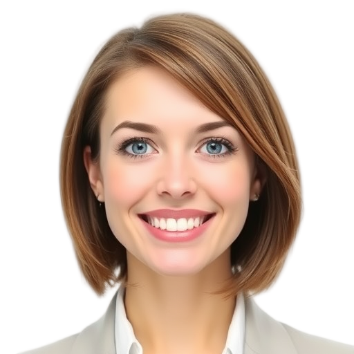 A smiling woman with short brown hair, clear blue eyes, natural makeup, white background, wearing casual professional attire.