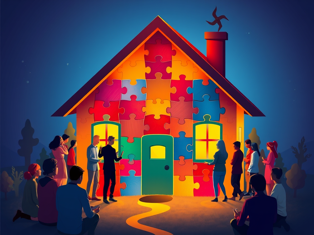 A warm, inviting "house" made of glowing puzzle pieces, surrounded by diverse people collaborating, vibrant colors symbolizing growth, insight, and connection.