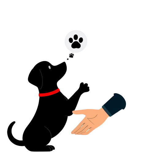 "dog silhouette" "human hand" "paw print" "speech bubbles" "playful interaction" "trust gesture"