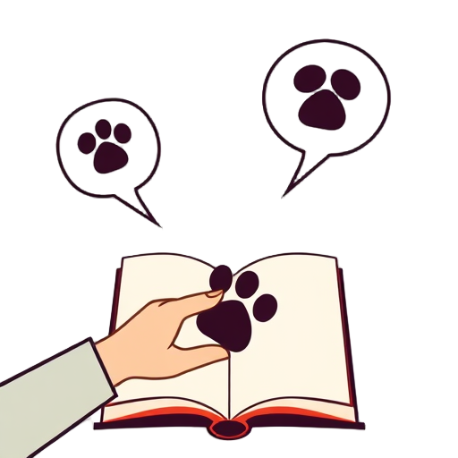 "dog silhouette" "human hand" "speech bubbles" "paw print" "open book" "playful interaction"
