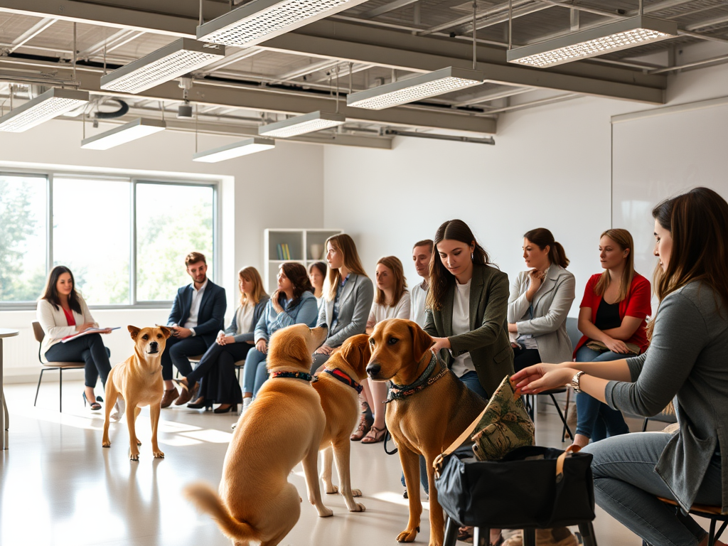 "a diverse group of professionals attentively learning in a bright classroom" "interactive dog training session outdoors" "calm dogs showing stress signals with trainers observing" "engaged participants practicing practical dog handling techniques" "warm,