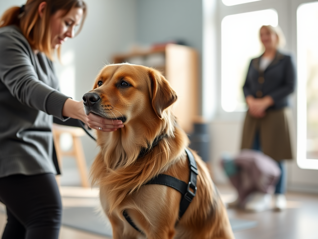 "calm therapy dog" "professional handler gently guiding" "soft natural light" "peaceful indoor training room" "subtle stress signals in dog posture" "warm, collaborative atmosphere"