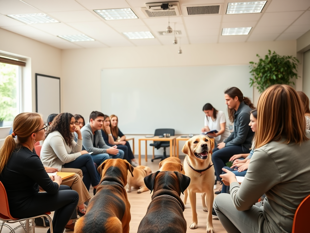 "a diverse group of professionals attentively learning in a bright classroom" "interactive dog training session outdoors" "calm dogs showing stress signals with trainers observing" "engaged participants practicing practical dog handling techniques" "warm,