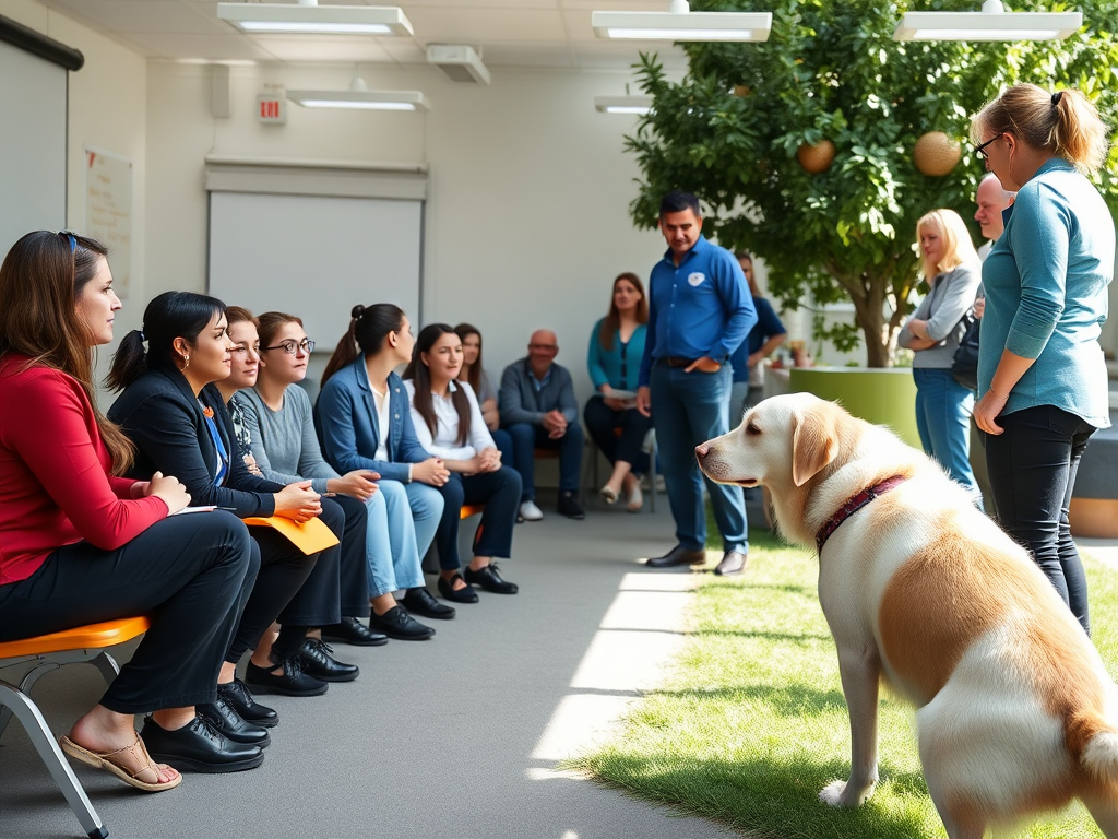 "a diverse group of professionals attentively learning in a bright classroom" "interactive dog training session outdoors" "calm dogs showing stress signals with trainers observing" "engaged participants practicing practical dog handling techniques" "warm,