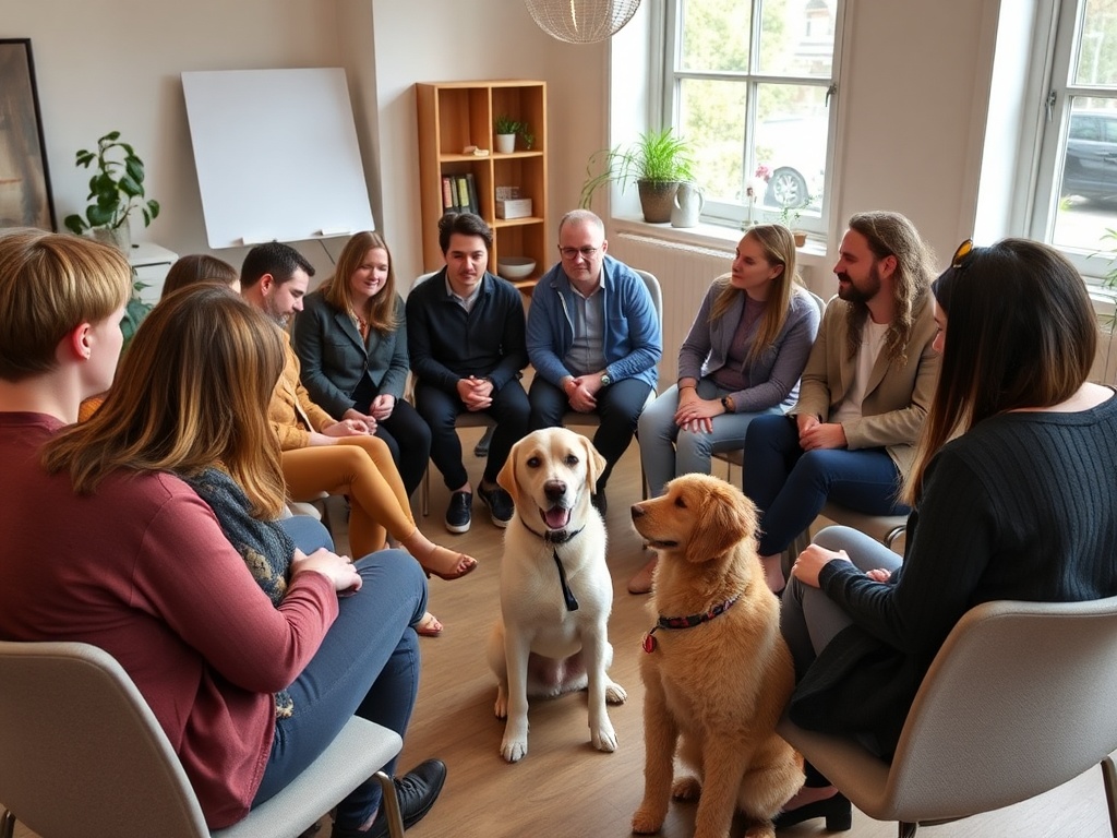 Warm inviting workshop scene indoors in Alphen aan den Rijn, diverse professionals seated in semicircle with friendly calm dog beside trainer, soft natural light, cozy tones, hopeful atmosphere.