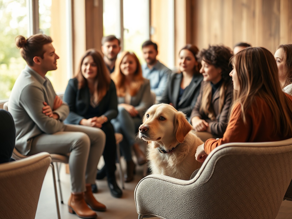 Warm indoor workshop scene in natural light, diverse professionals listening beside a calm therapy dog, cozy chairs, inviting atmosphere, soft colors.