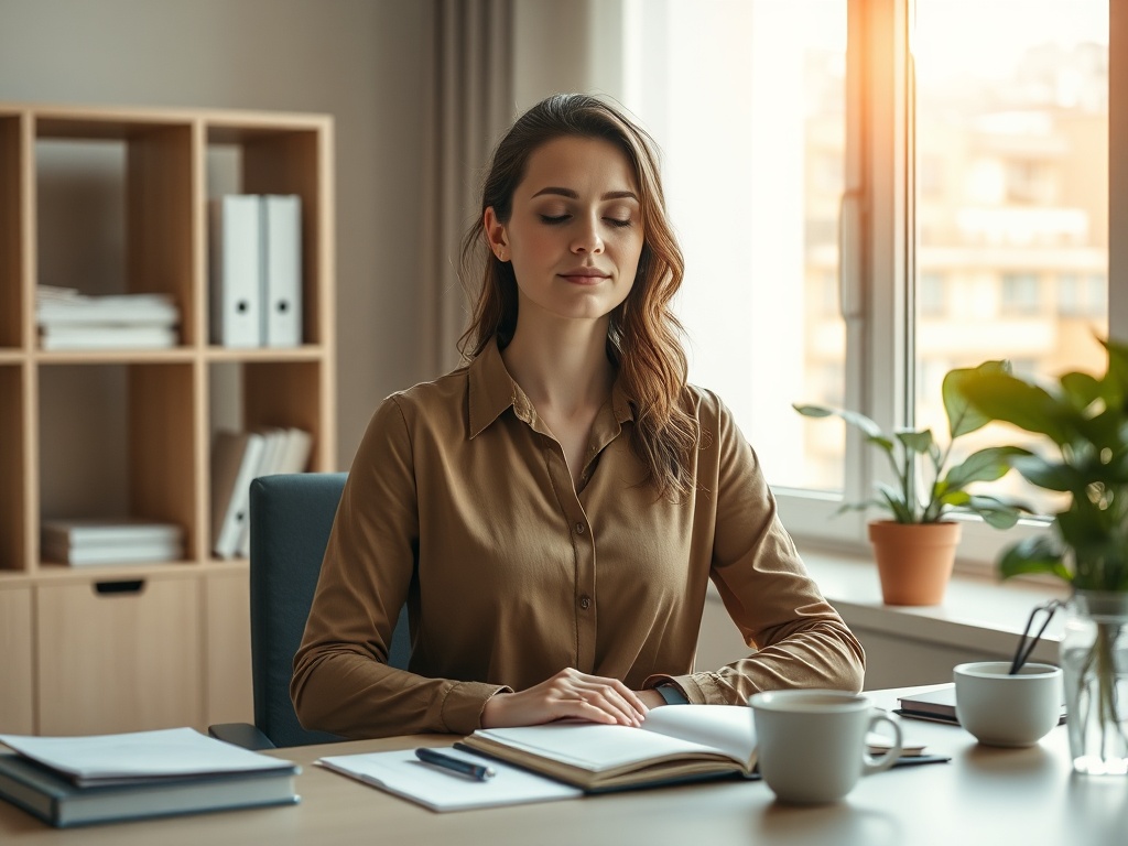 "Meditative female leader" "soft sunlight through office window" "calm desk with organized planner, coffee, plant" "gentle confident posture, relaxed shoulders" "warm muted color palette, shallow depth of field"