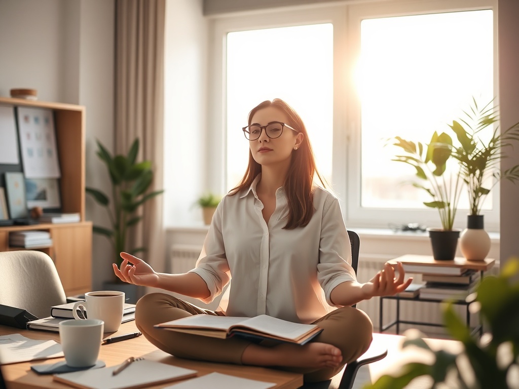 "Meditative female leader" "soft sunlight through office window" "calm desk with organized planner, coffee, plant" "gentle confident posture, relaxed shoulders" "warm muted color palette, shallow depth of field"