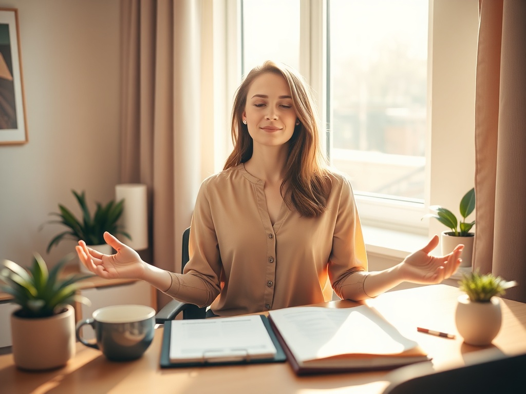 "Meditative female leader" "soft sunlight through office window" "calm desk with organized planner, coffee, plant" "gentle confident posture, relaxed shoulders" "warm muted color palette, shallow depth of field"