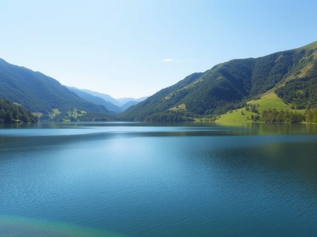 Rustig landschap met een kalm meer en groene heuvels.