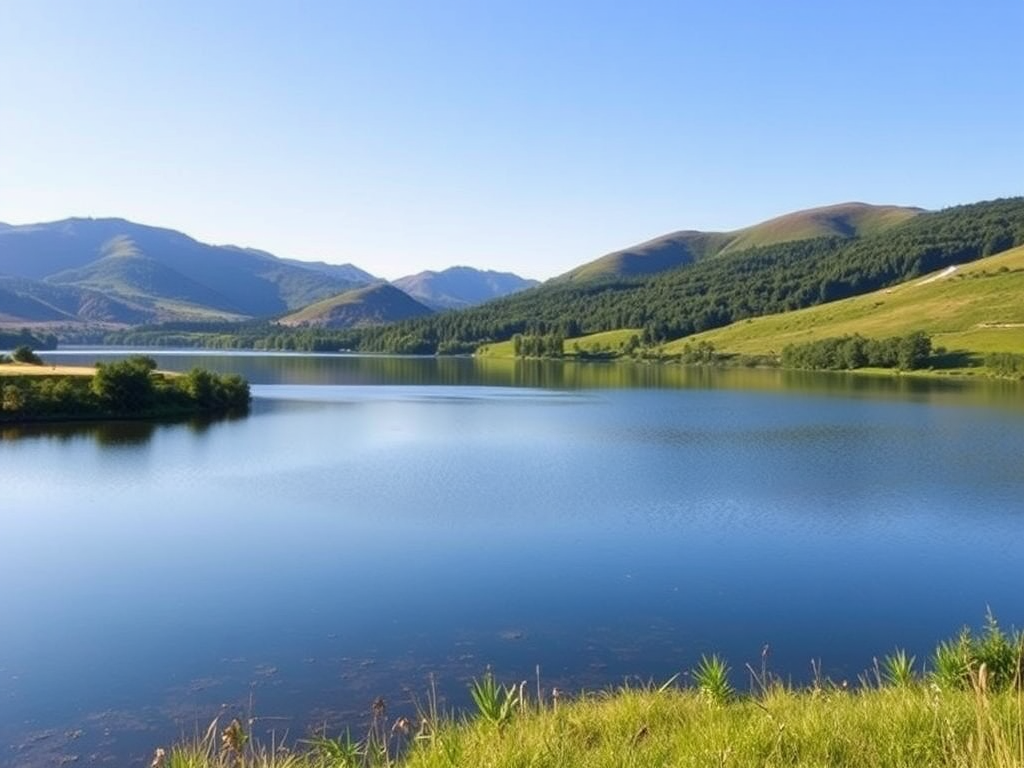 Rustig landschap met een meer en groene heuvels.