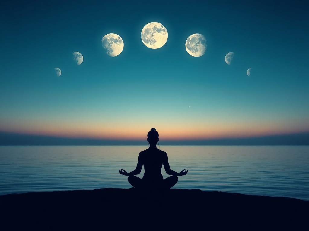 "A serene silhouette meditating beside a moonlit sea, fourfold lunar phases glowing softly above, gentle colors, spiritual and balanced vibe, nocturnal calm."