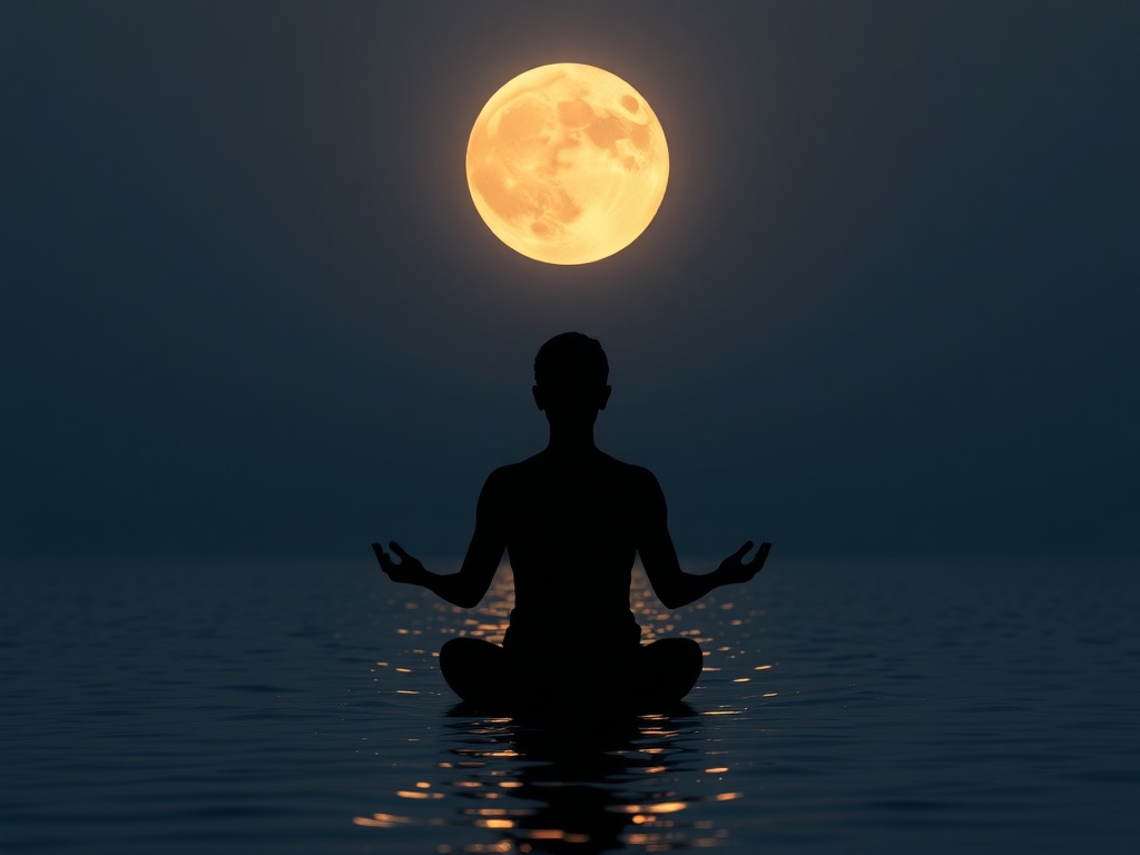 "A serene silhouette meditating beside a moonlit sea, fourfold lunar phases glowing softly above, gentle colors, spiritual and balanced vibe, nocturnal calm."