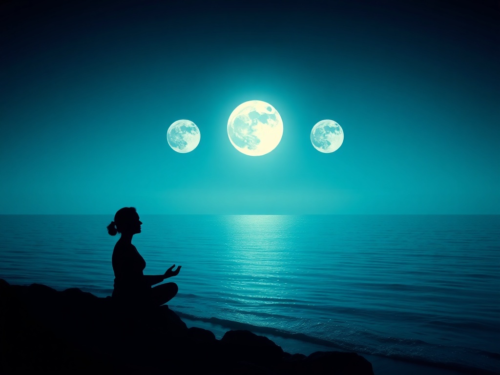 "A serene silhouette meditating beside a moonlit sea, fourfold lunar phases glowing softly above, gentle colors, spiritual and balanced vibe, nocturnal calm."