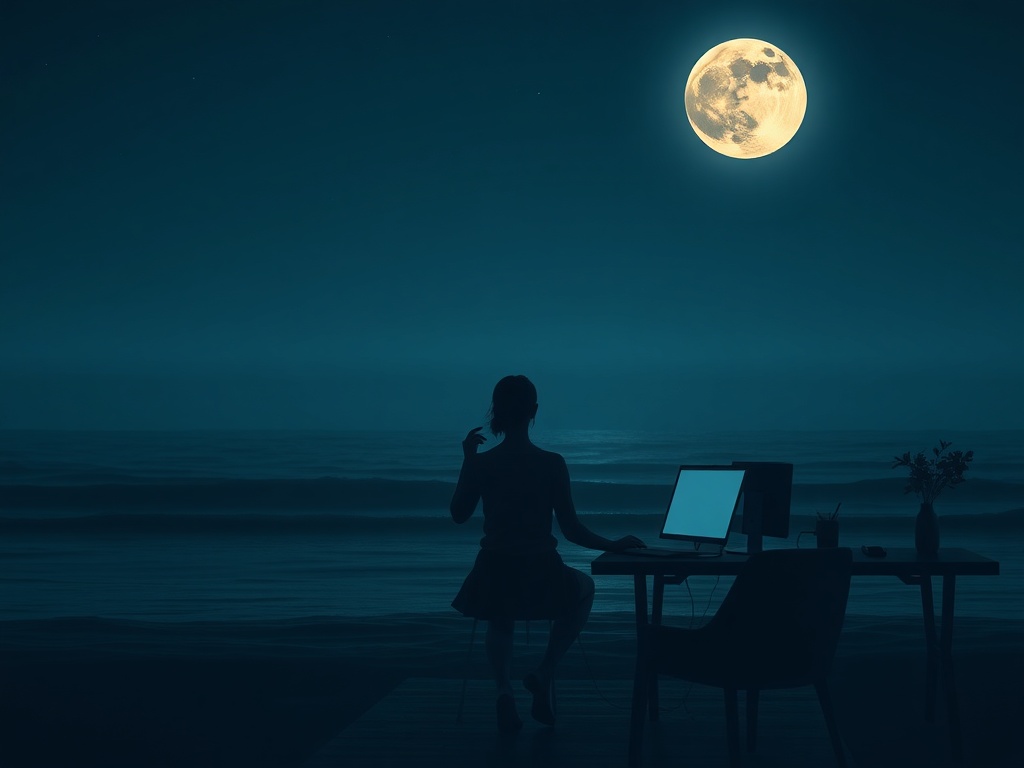 "A serene, moonlit scene showing a sensitive, mindful person in harmony with lunar cycles, soft tides, gentle glow, calm workspace, natural rhythm"